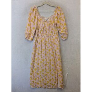 Haven Heart Pink Yellow Floral Smocked Puff‎ Sleeve Midi Dress Juniors Medium